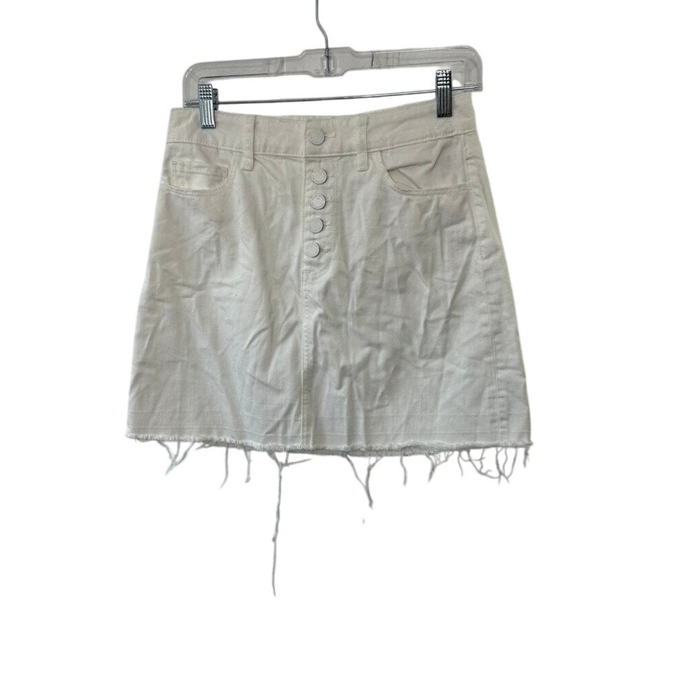 Paige Aideen White Denim Mini Skirt Exposed Button Fly & Raw Frayed Hem sz 27
